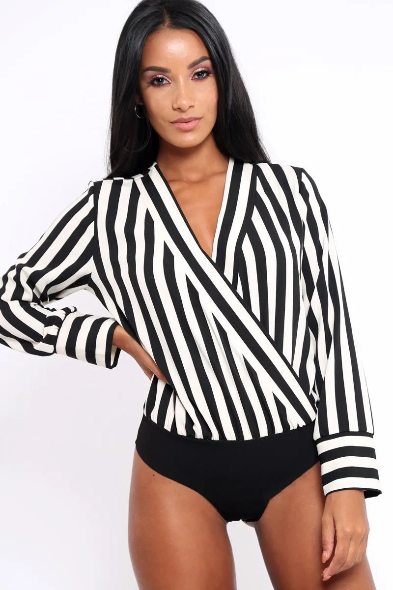 Black Stripe Plunge Satin Bodysuit - North