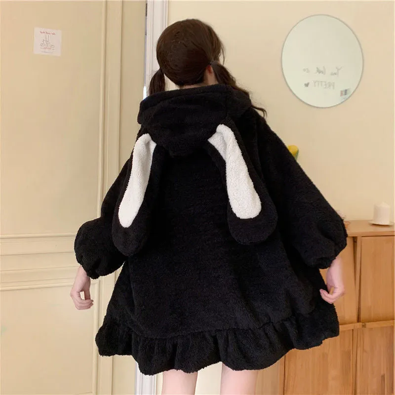 Bunny Ear Hooded Loose Coat With Pom Pom