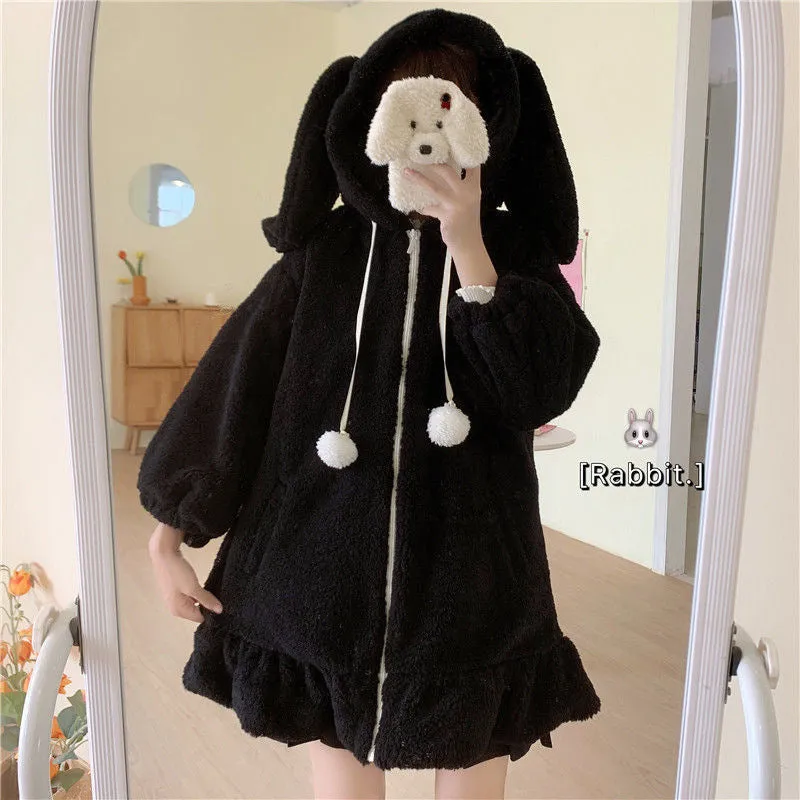 Bunny Ear Hooded Loose Coat With Pom Pom