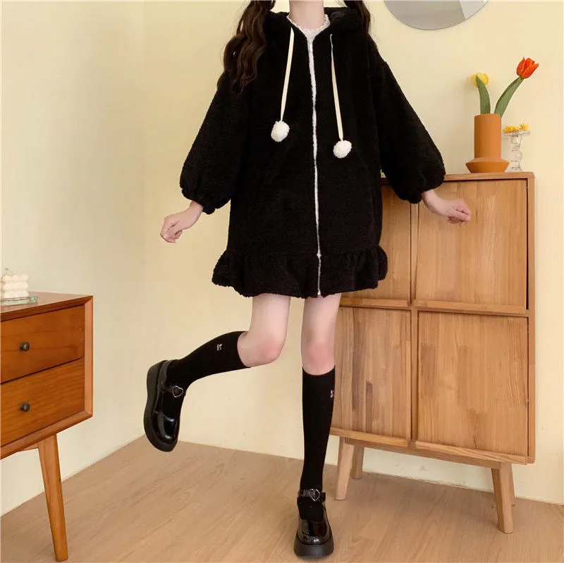 Bunny Ear Hooded Loose Coat With Pom Pom