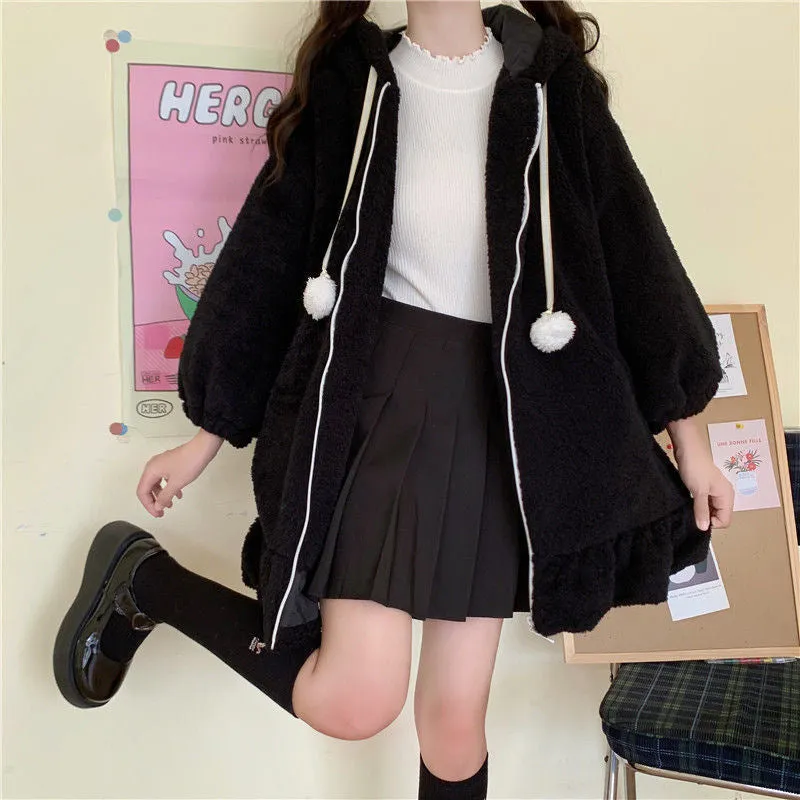 Bunny Ear Hooded Loose Coat With Pom Pom