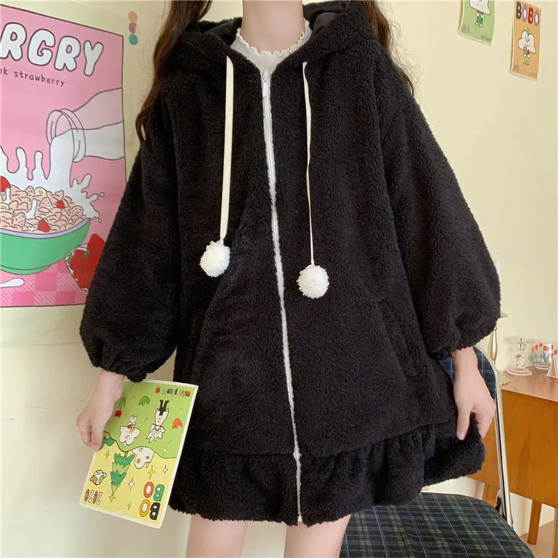 Bunny Ear Hooded Loose Coat With Pom Pom