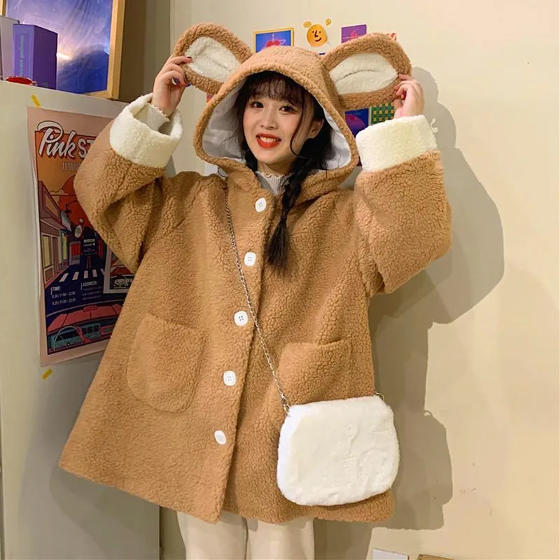 Bunny Earrings Hooded single-breasted Woolen Coat