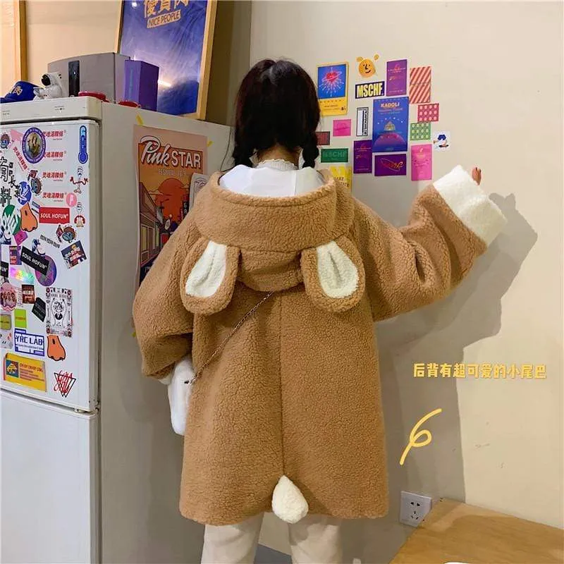 Bunny Earrings Hooded single-breasted Woolen Coat