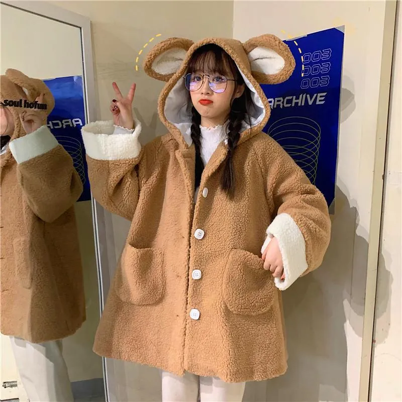 Bunny Earrings Hooded single-breasted Woolen Coat