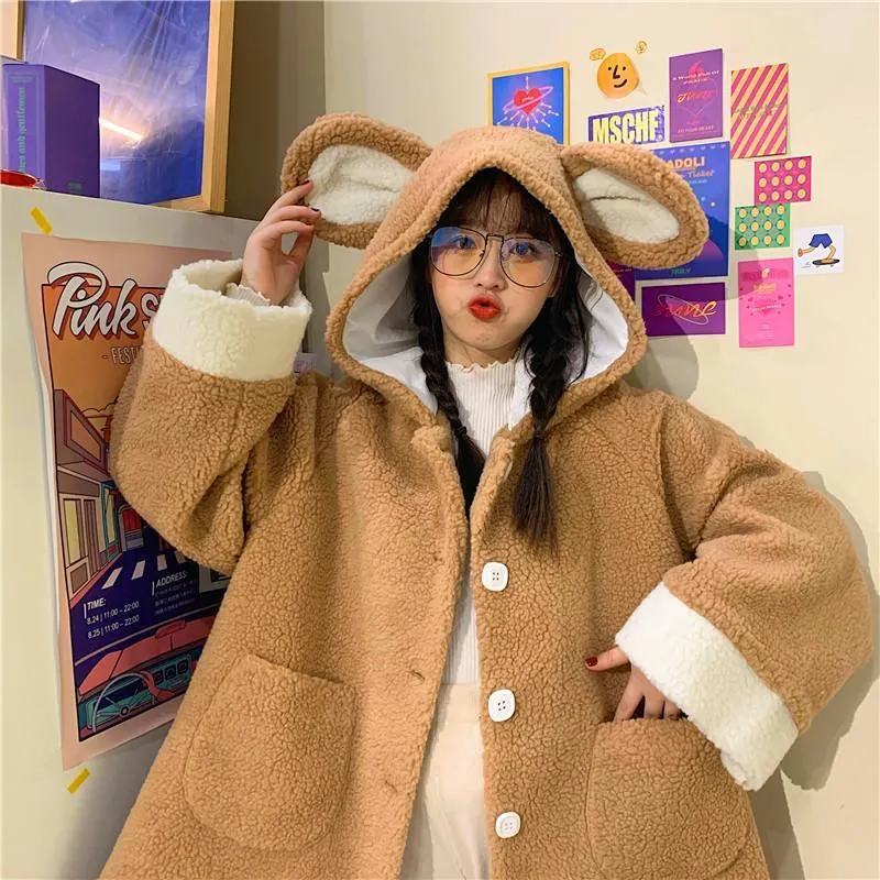 Bunny Earrings Hooded single-breasted Woolen Coat