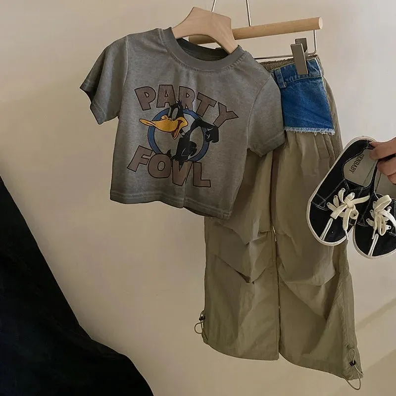 Cartoon Letter Tee & Wide Leg Cargos Two Piece