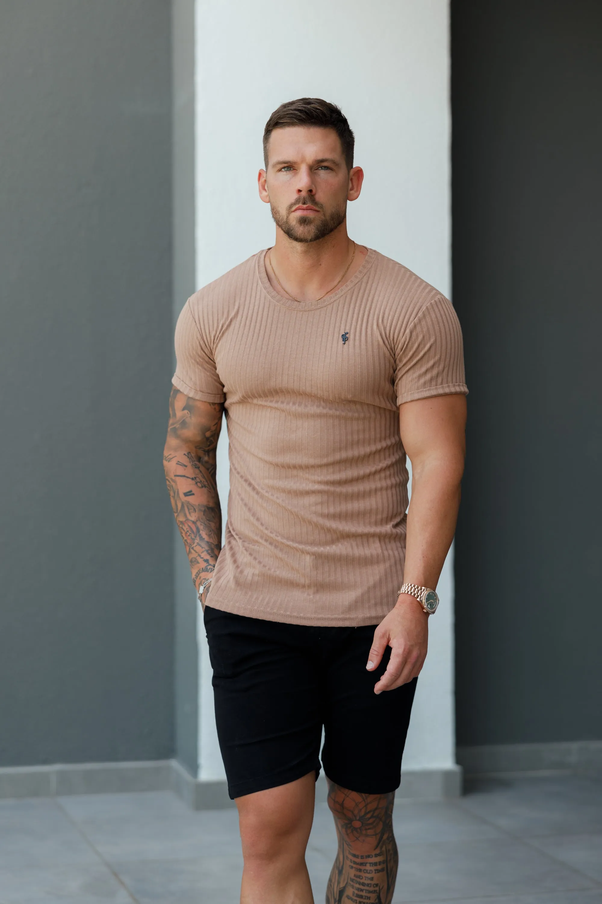 Father Sons Classic Coffee / Black Ribbed Knit Super Slim Short Sleeve Crew T-Shirt - FSH1090