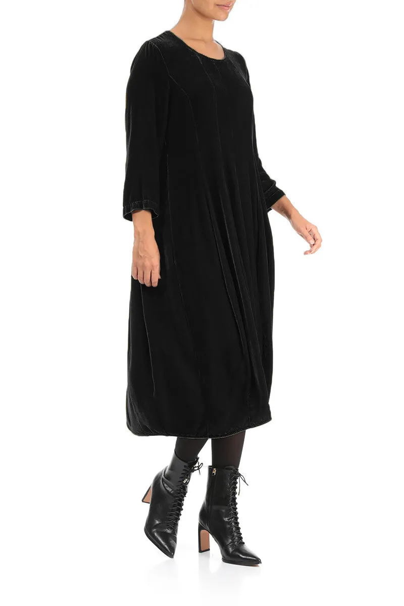 Flared Balloon Black Silk Velvet Dress