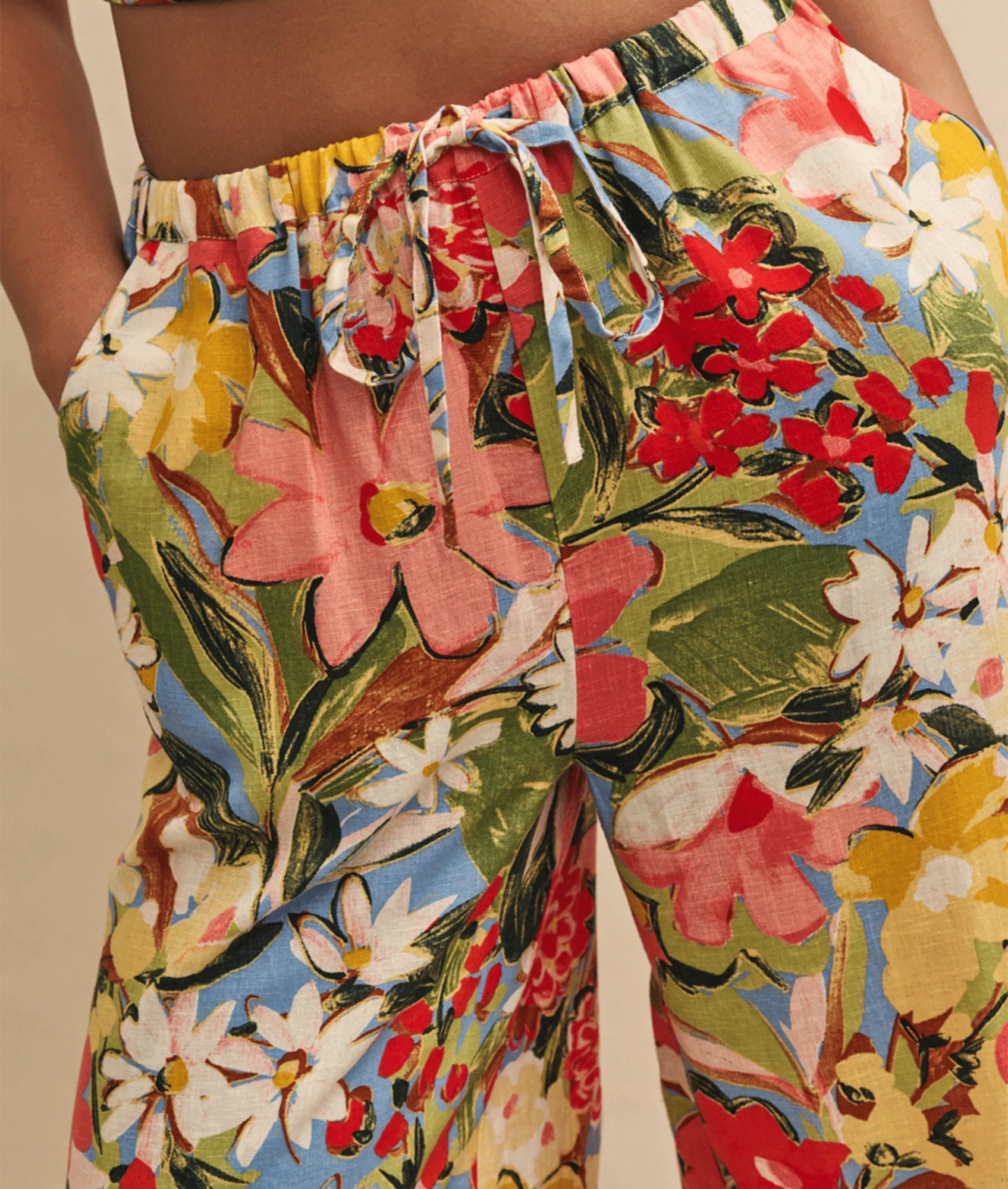 Floral Linen-blend Drawstring Trousers - Multi