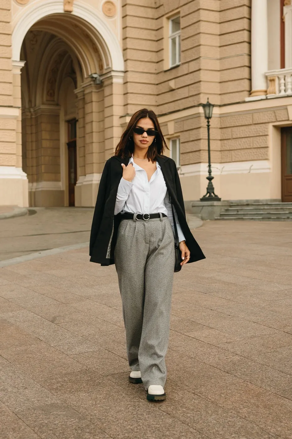 High Rise Wide Leg Trousers With Pockets Color Gray