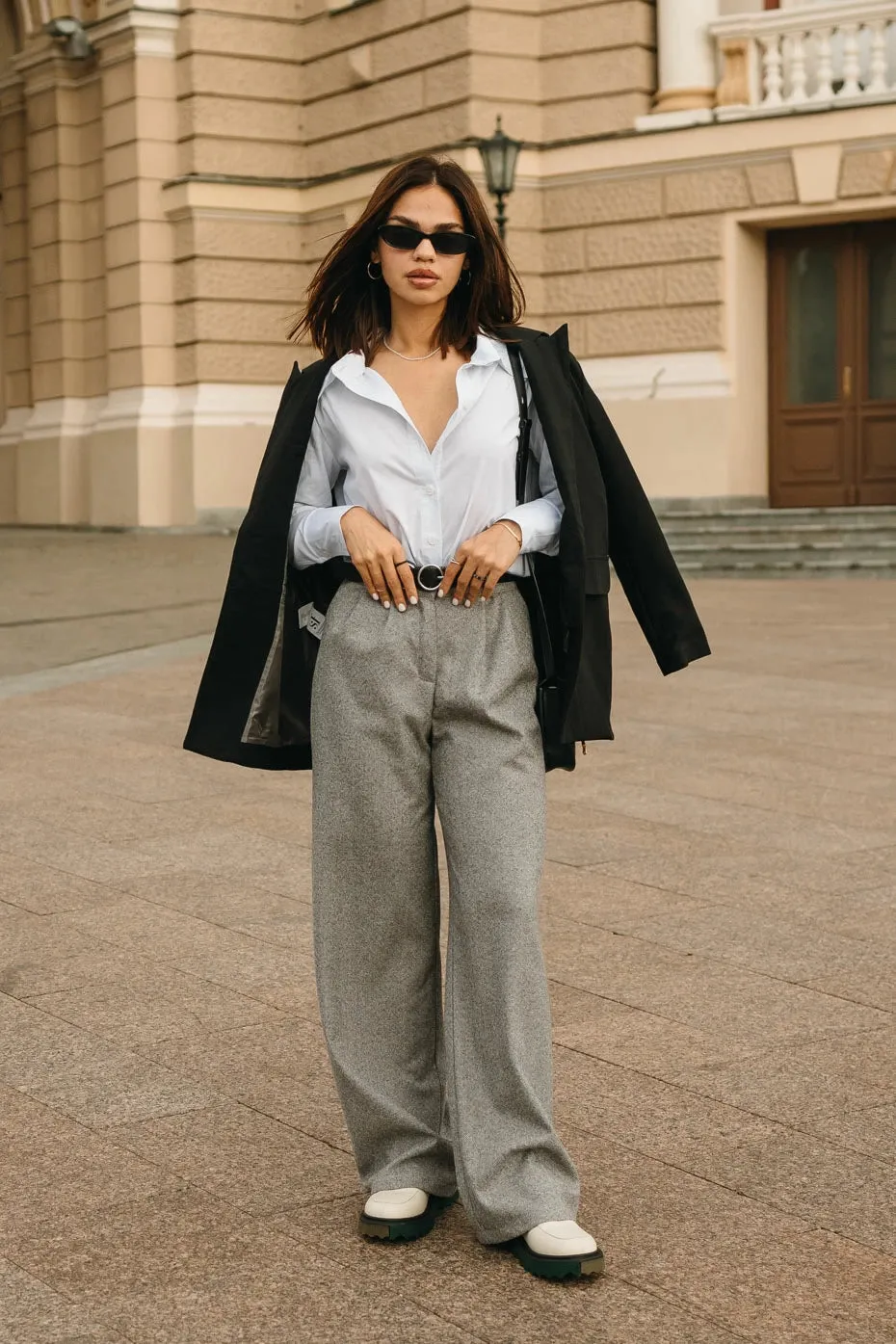 High Rise Wide Leg Trousers With Pockets Color Gray