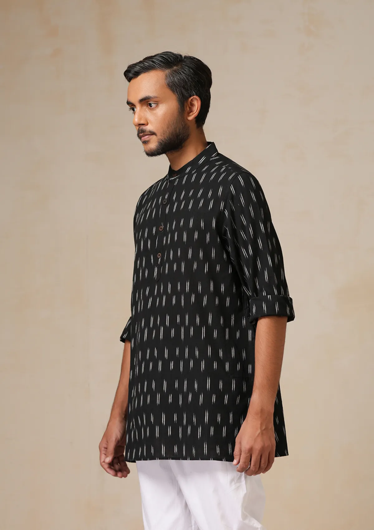 HOC Crafts Ikkat Cotton Solid Men's Short Kurta - Black