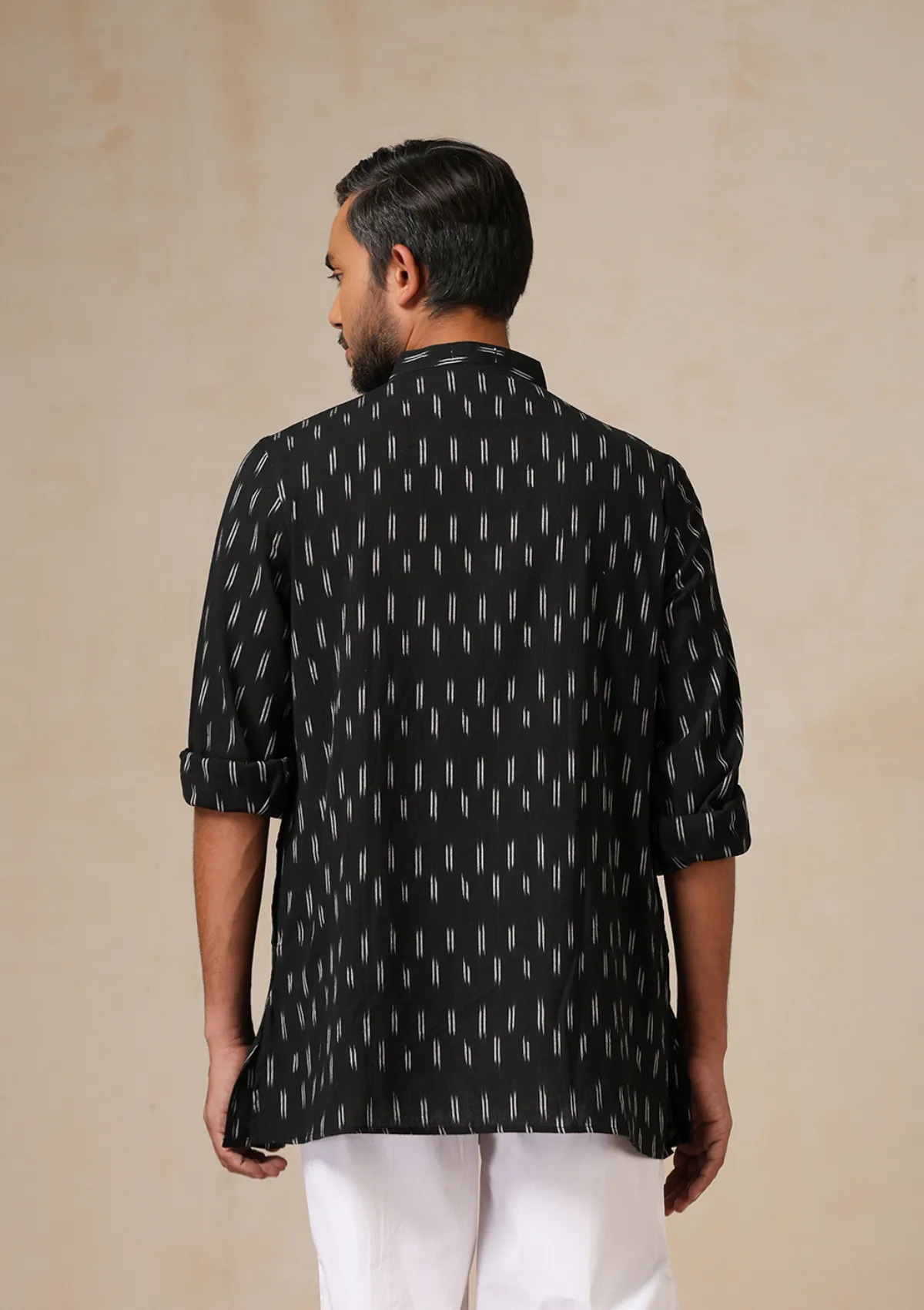 HOC Crafts Ikkat Cotton Solid Men's Short Kurta - Black