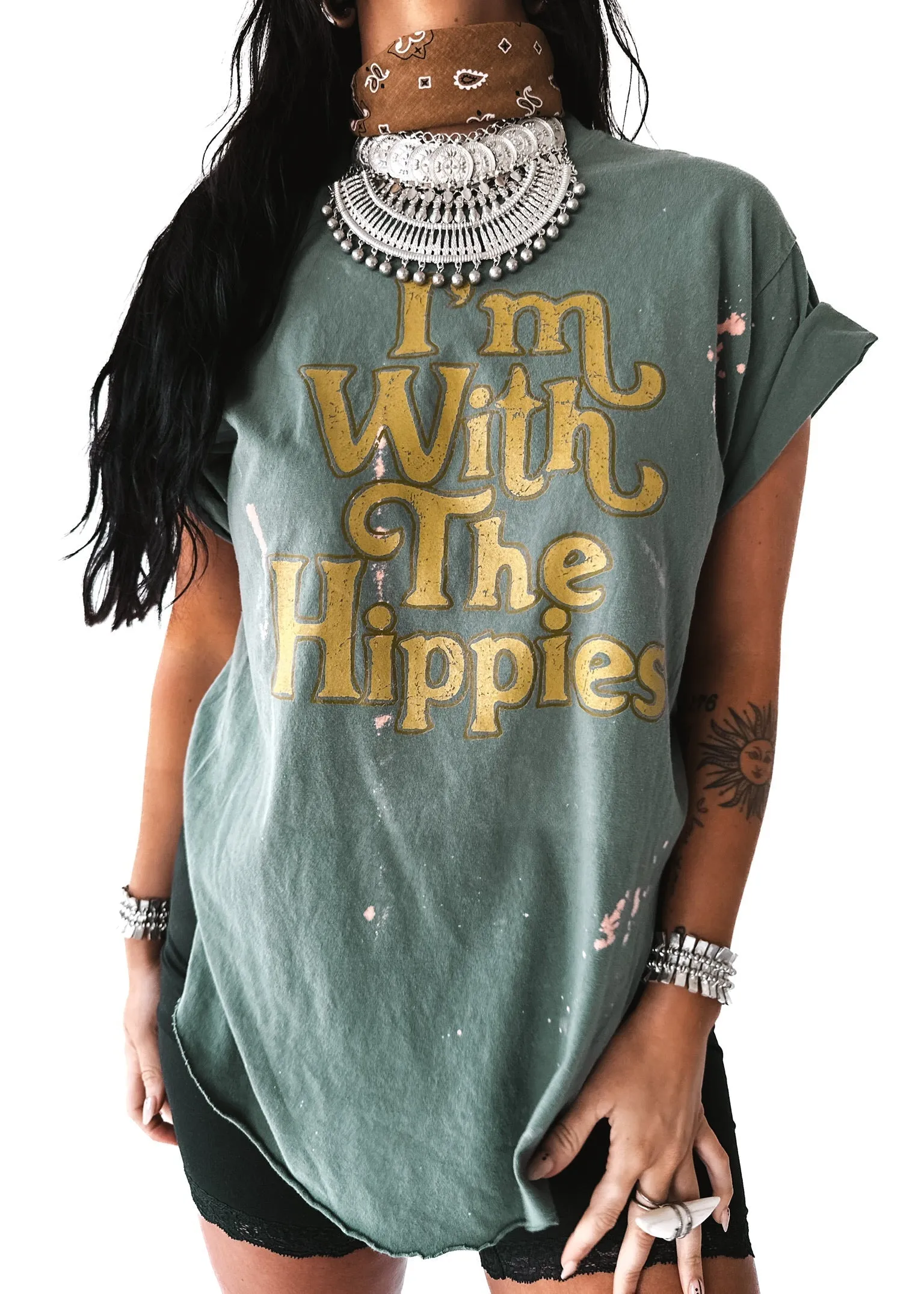 I'M WITH THE HIPPIES BLEACHED OUT SIDE SLIT TEE