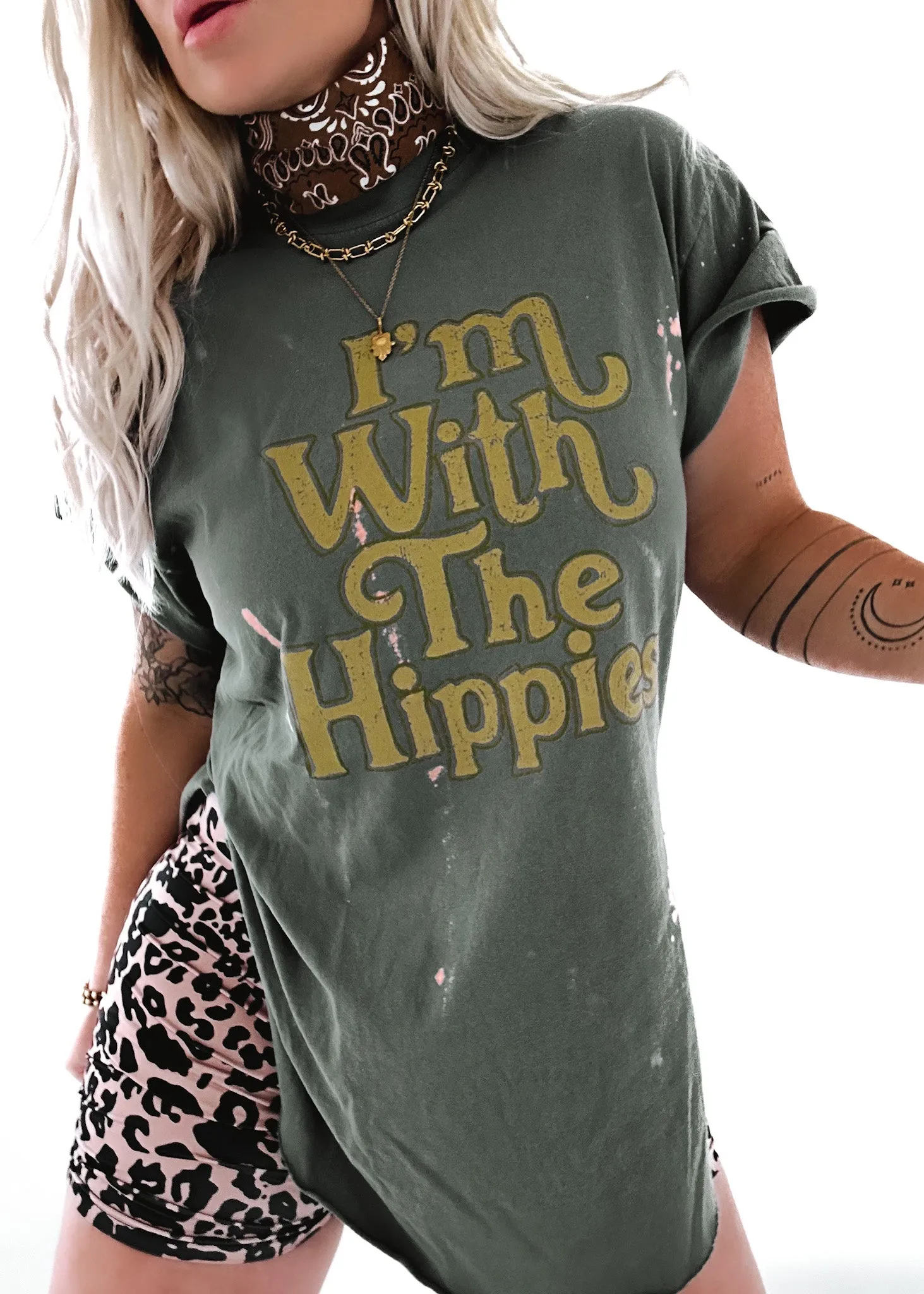 I'M WITH THE HIPPIES BLEACHED OUT SIDE SLIT TEE