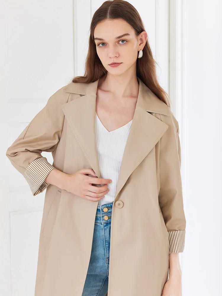 Khaki Striped Women Trench Coat With Belt