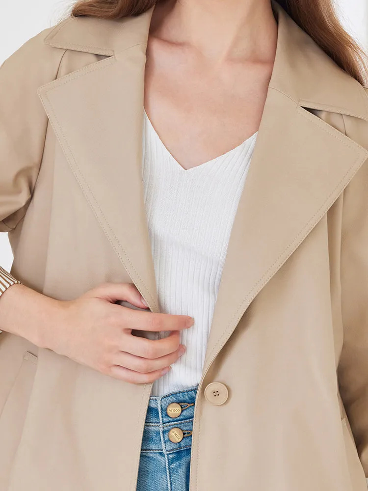 Khaki Striped Women Trench Coat With Belt