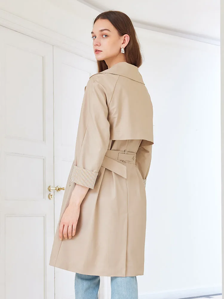 Khaki Striped Women Trench Coat With Belt