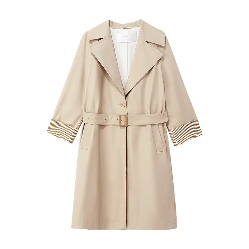 Khaki Striped Women Trench Coat With Belt