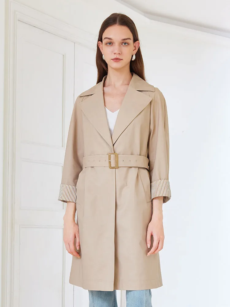 Khaki Striped Women Trench Coat With Belt