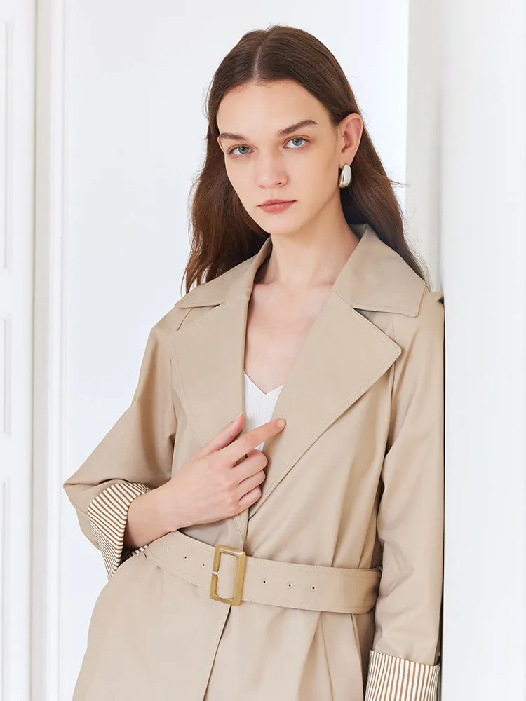 Khaki Striped Women Trench Coat With Belt