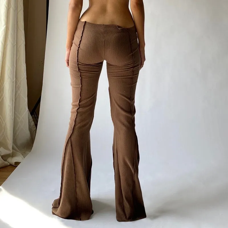 KittenAlarm - Mojoyce Low Waist Flare Pants Brown Y2k Style Contrast Stitch Knitted Wide Leg Pants Womens Summer Bottoms