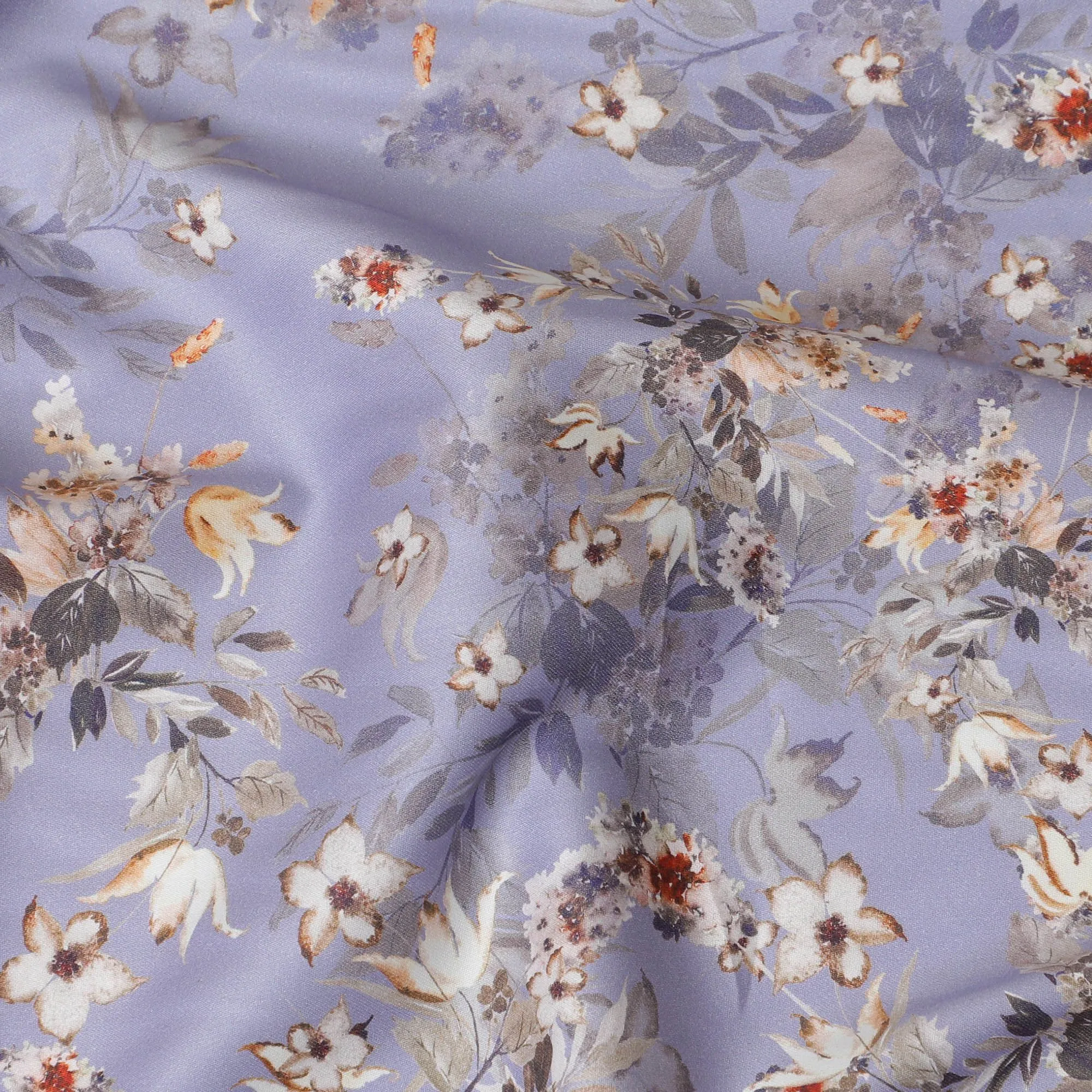 Lavender Blue Cotton Satin Fabric: Warm Hues & Floral Chic-D17590