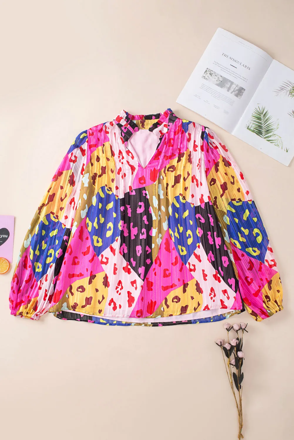 Leopard Patchwork Print Pleated Blouse