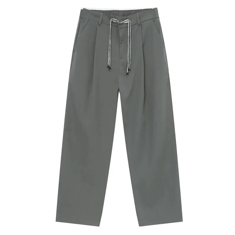 Male Gray Suit Pants New Chinese Style Knot Button Straight Wide Leg Loose Casual Men's Trousers Summer Fashion 9C6684