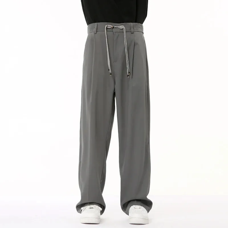 Male Gray Suit Pants New Chinese Style Knot Button Straight Wide Leg Loose Casual Men's Trousers Summer Fashion 9C6684