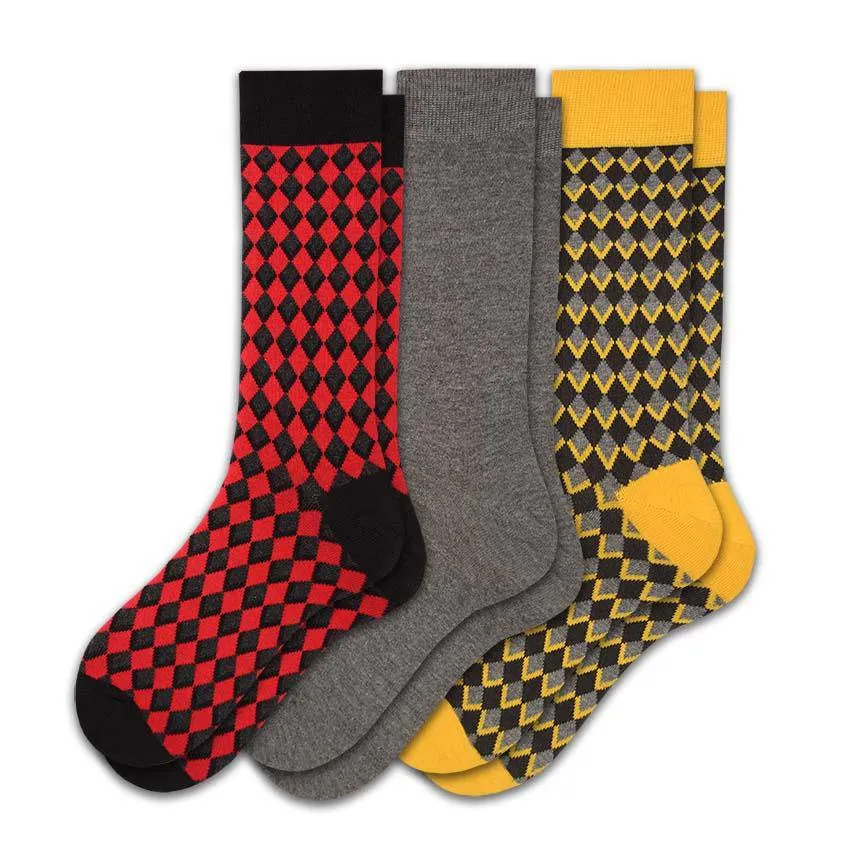 Men's Combed Cotton Crew Socks - Diamond Pattern 3 Pair Packs