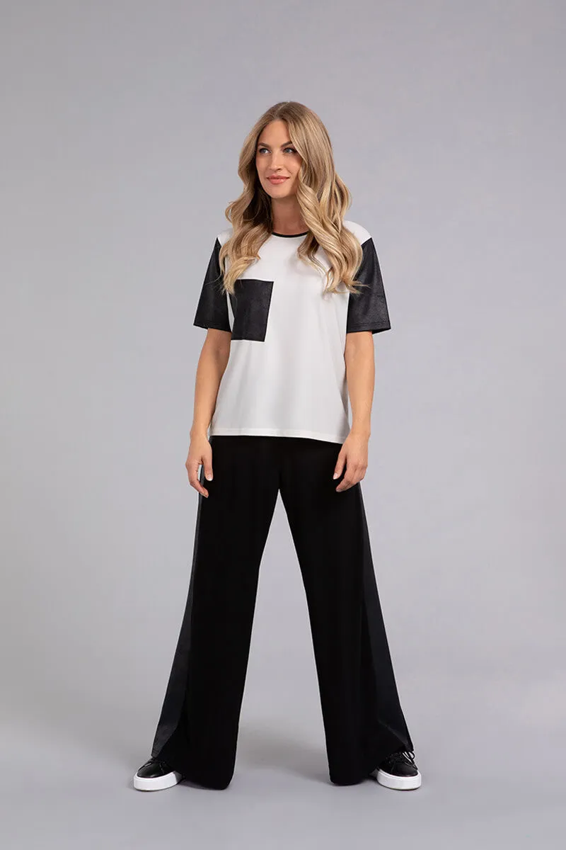 Mix Wide Leg Trouser with Faux Leather | Black