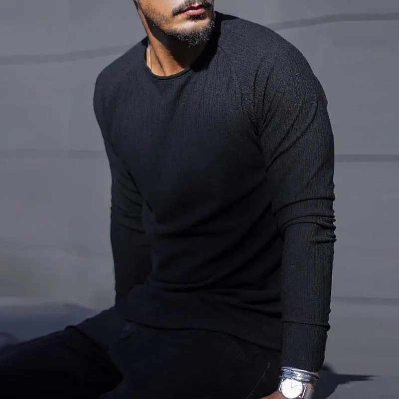 Round Neck Long Sleeve Slim Fit Solid Knit Sweater