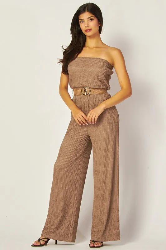 Strapless Belted Wide Leg Jumpsuit