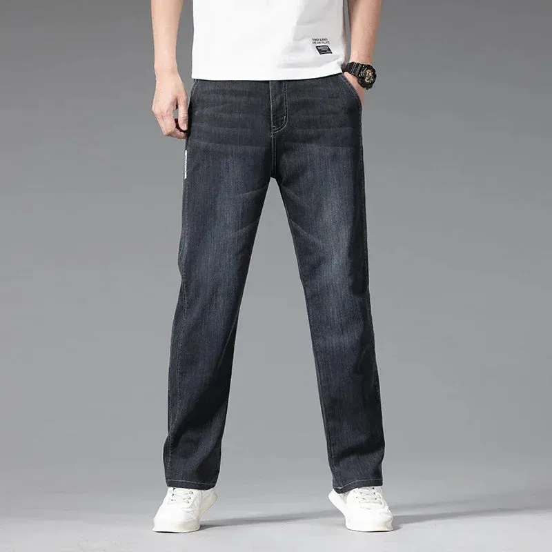 Summer Thin Men's Stretch Baggy Jeans Blue Gray Elastic Waist Business Casual Straight Denim Trousers Classic Style Male