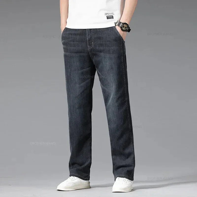 Summer Thin Men's Stretch Baggy Jeans Blue Gray Elastic Waist Business Casual Straight Denim Trousers Classic Style Male