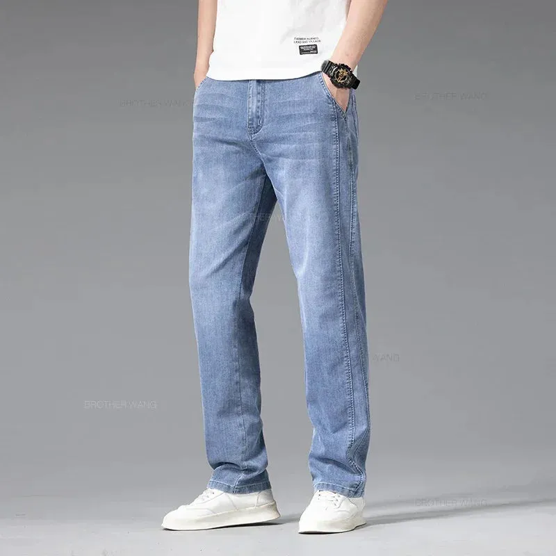 Summer Thin Men's Stretch Baggy Jeans Blue Gray Elastic Waist Business Casual Straight Denim Trousers Classic Style Male