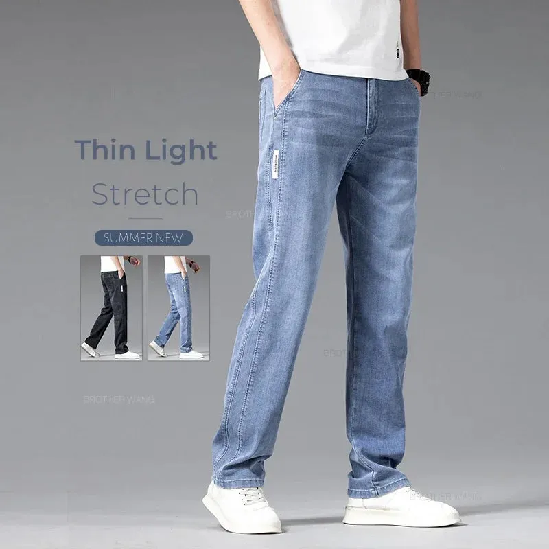 Summer Thin Men's Stretch Baggy Jeans Blue Gray Elastic Waist Business Casual Straight Denim Trousers Classic Style Male