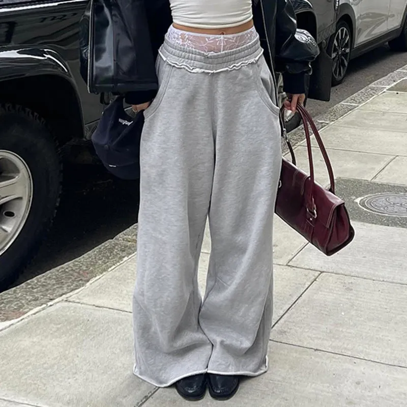 Toleet 90s fashion American Street Style Basic Solid Color Loose Anti-Car Design Curling Wide-Leg Pants Early Autumn Versatile Casual Sweatpants