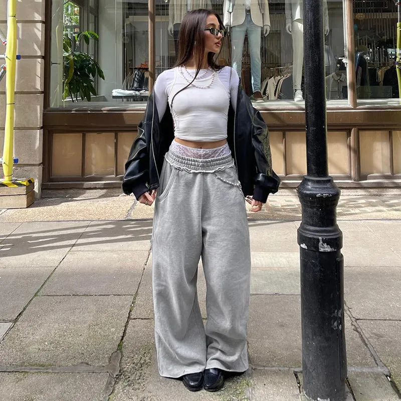 Toleet 90s fashion American Street Style Basic Solid Color Loose Anti-Car Design Curling Wide-Leg Pants Early Autumn Versatile Casual Sweatpants