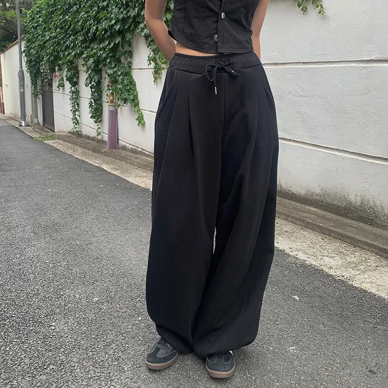 Toleet outfit inspo 2024 New Solid Color Pleated Loose Wide-Leg Pants Women's All-Match Elastic Waist Lace-up Draping Long Leg Straight Trousers