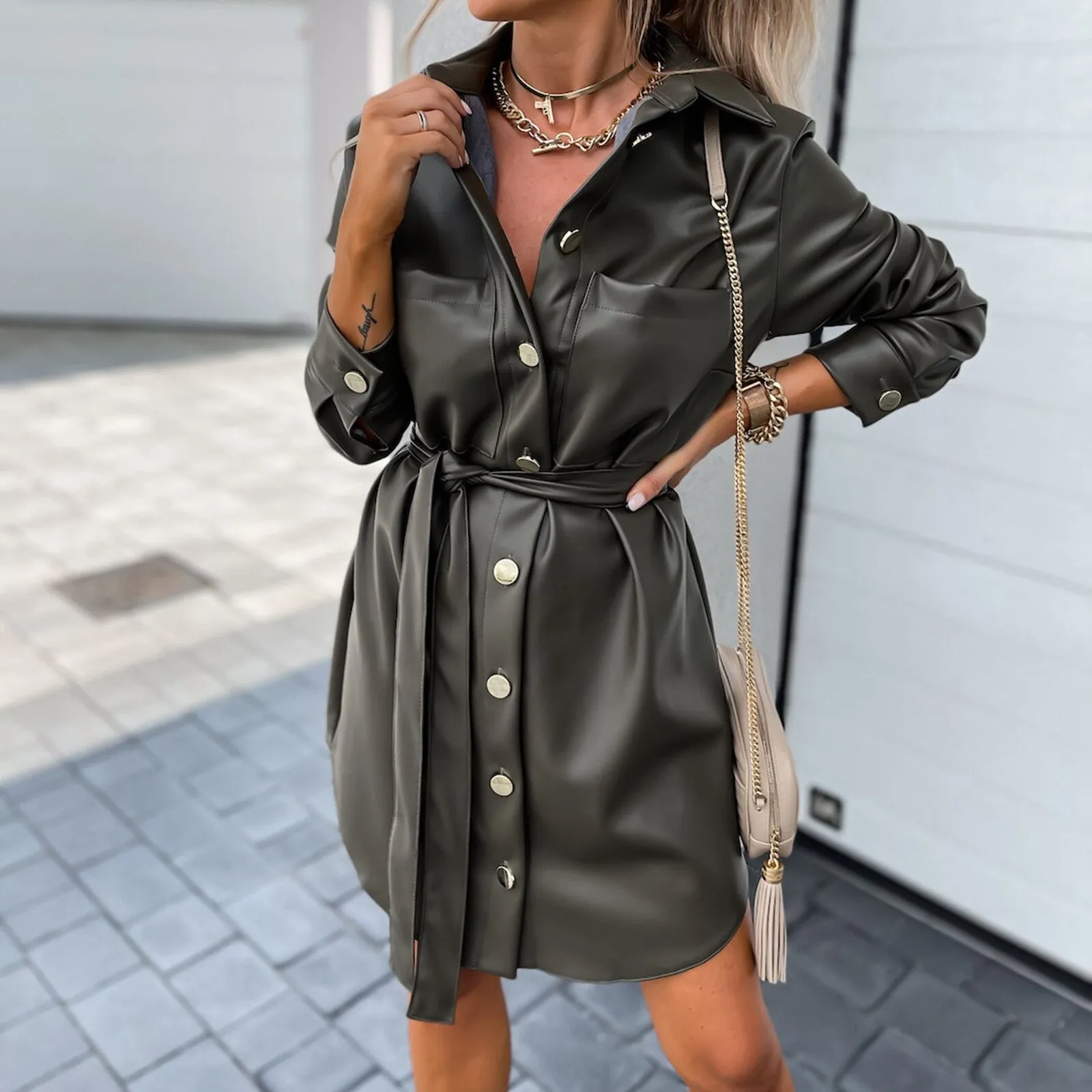 Wenkouban   PU Leather Jacket 2022 New Autumn Women Clothing Loose Belt Faux Leather Windbreaker With Trench Coat Slim  Black