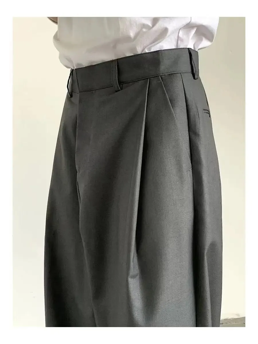 Wiaofellas  -  Korean Gray Casual Suit Pants Men Pleated Loose Wide Leg Pant Spring Autumn New Fashion Design Sense Trendy Trousers Streetwear