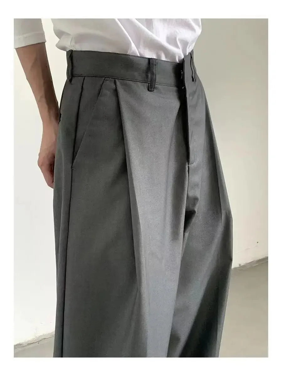 Wiaofellas  -  Korean Gray Casual Suit Pants Men Pleated Loose Wide Leg Pant Spring Autumn New Fashion Design Sense Trendy Trousers Streetwear