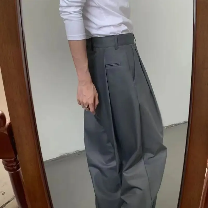 Wiaofellas  -  Korean Gray Casual Suit Pants Men Pleated Loose Wide Leg Pant Spring Autumn New Fashion Design Sense Trendy Trousers Streetwear