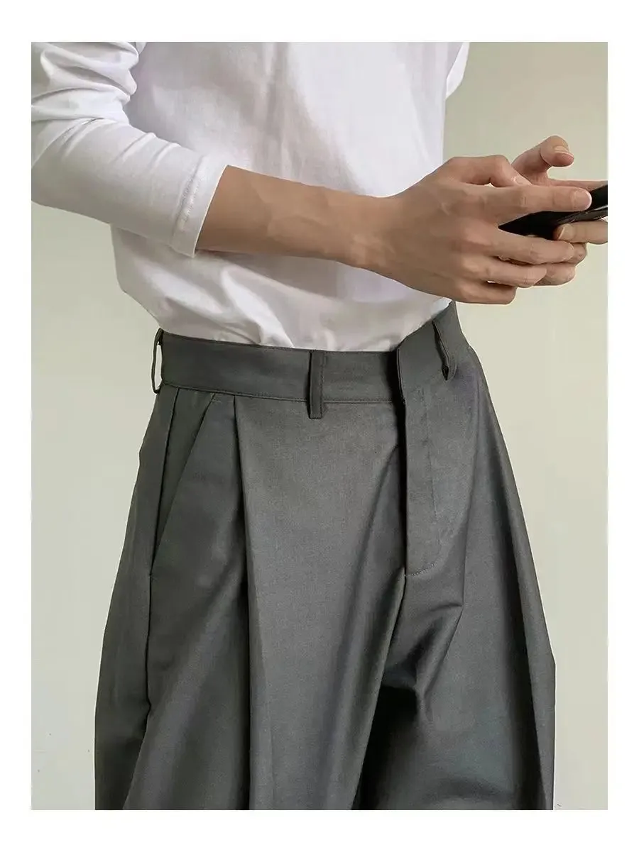 Wiaofellas  -  Korean Gray Casual Suit Pants Men Pleated Loose Wide Leg Pant Spring Autumn New Fashion Design Sense Trendy Trousers Streetwear