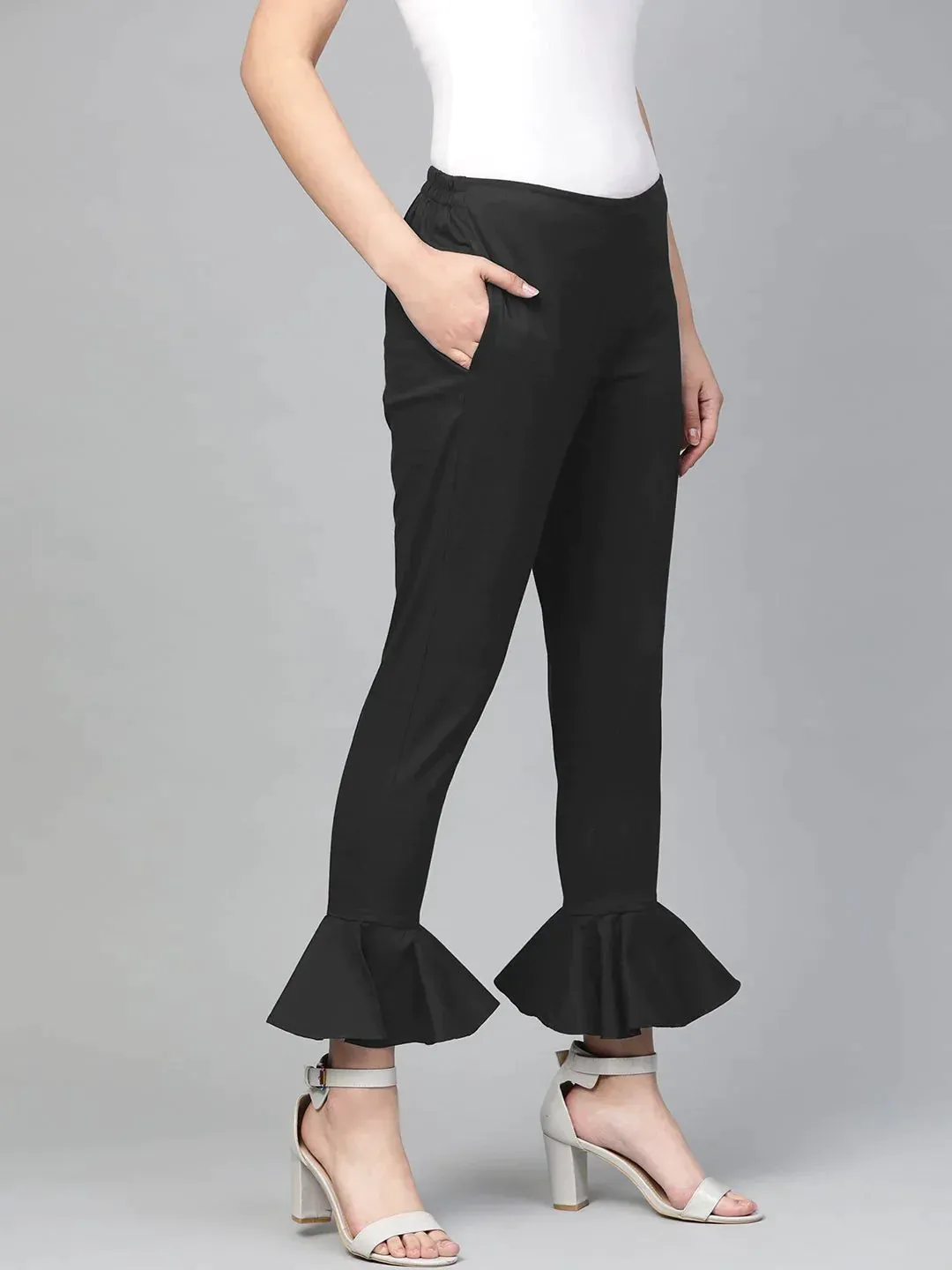 Women Black Smart Slim Fit Solid Bottom Flared Trousers