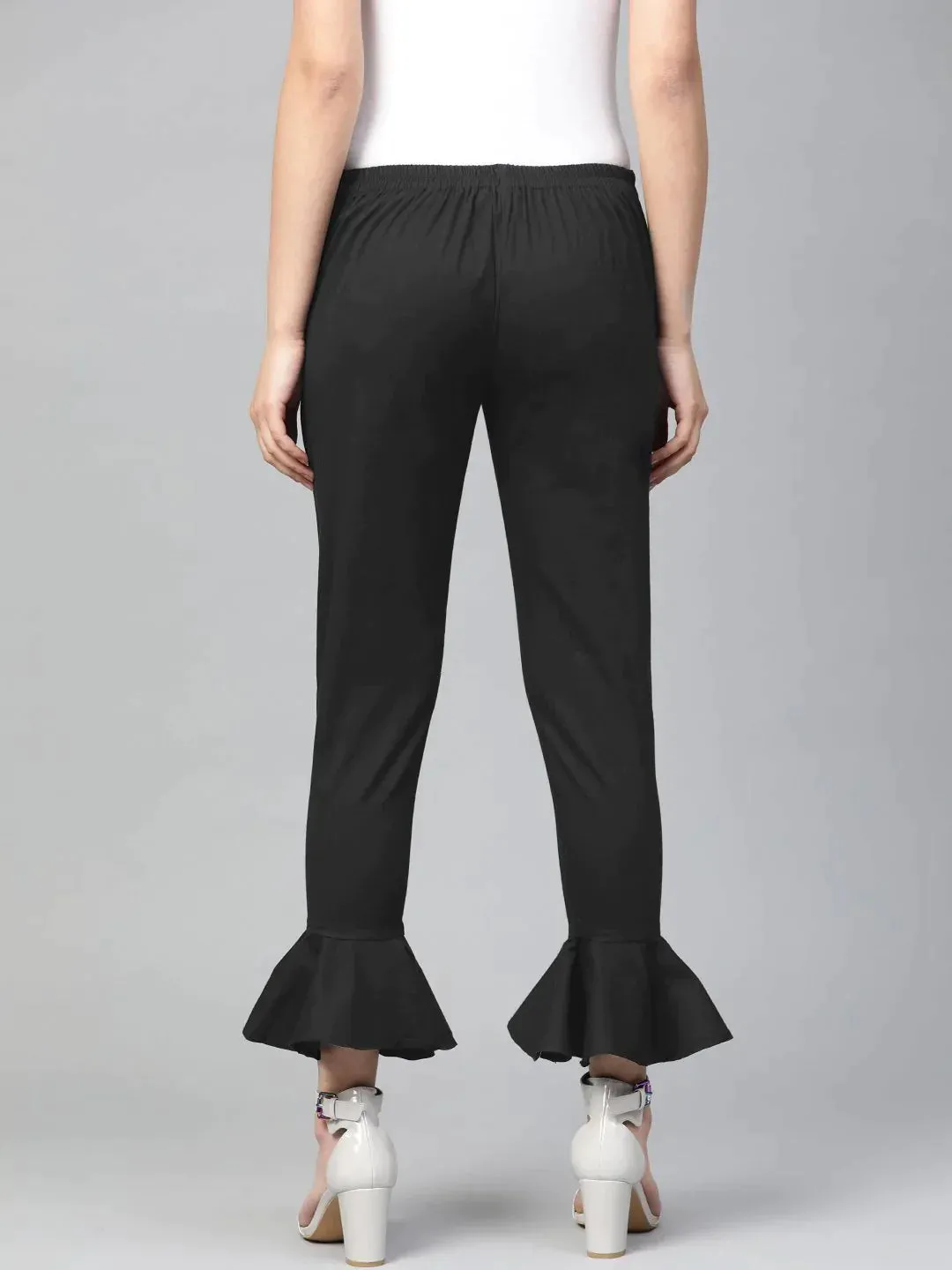 Women Black Smart Slim Fit Solid Bottom Flared Trousers