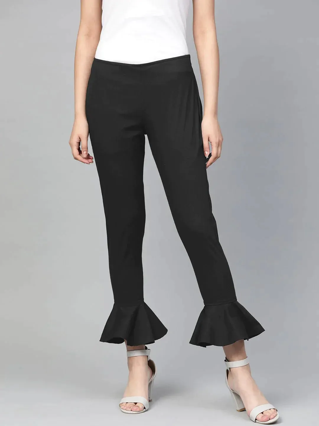 Women Black Smart Slim Fit Solid Bottom Flared Trousers